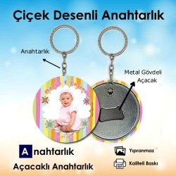 Çiçekli Temalı Renkli Açacaklı Fotoğraflı Anahtarlık