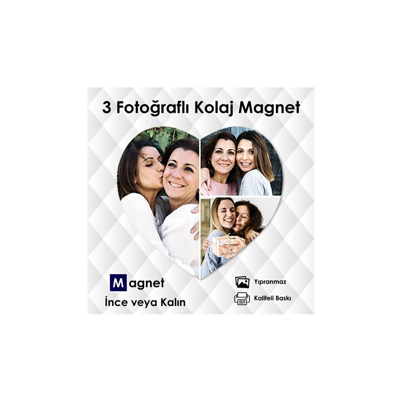 3 Fotoğraflı Kalp Şekilli Kolaj Magnet