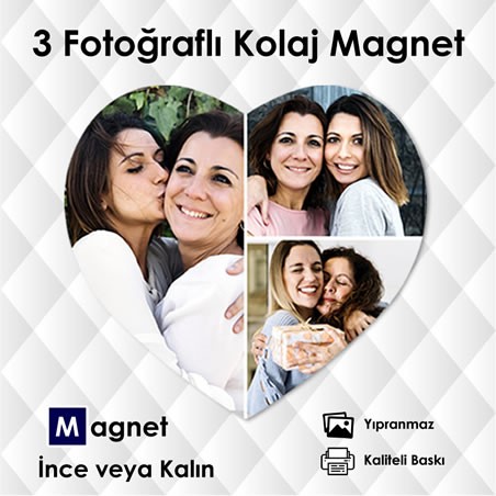 3 Fotoğraflı Kalp Şekilli Kolaj Magnet