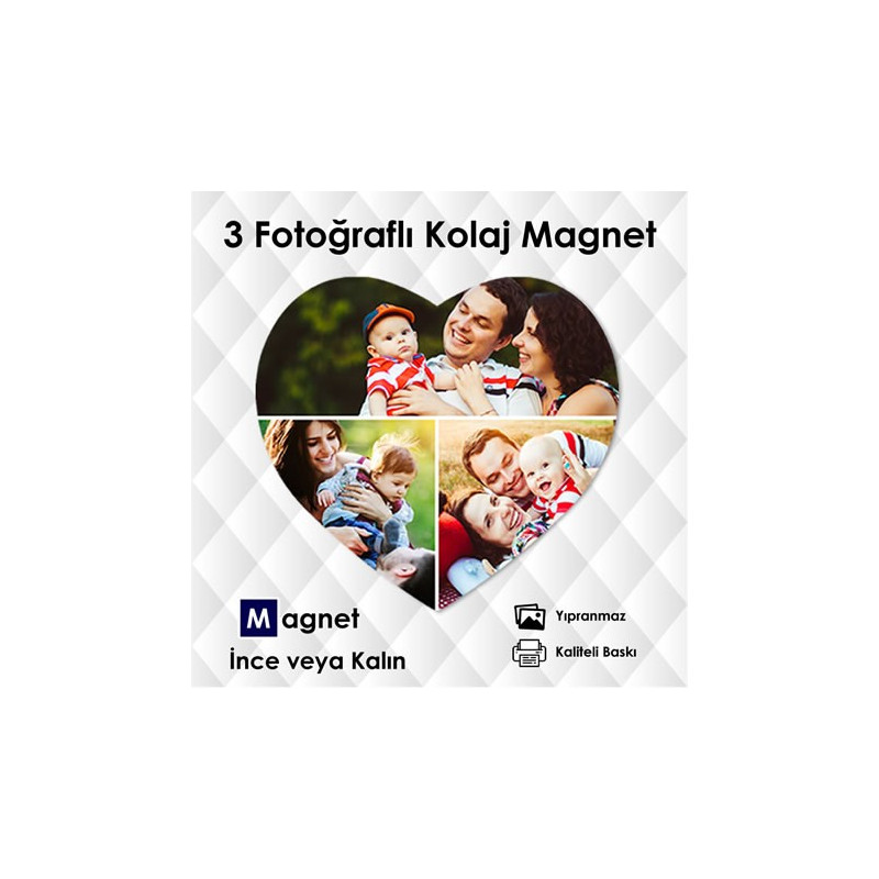 3 Fotoğraflı Kalp Şeklinde Kolajlı Buzdolabı Magnet