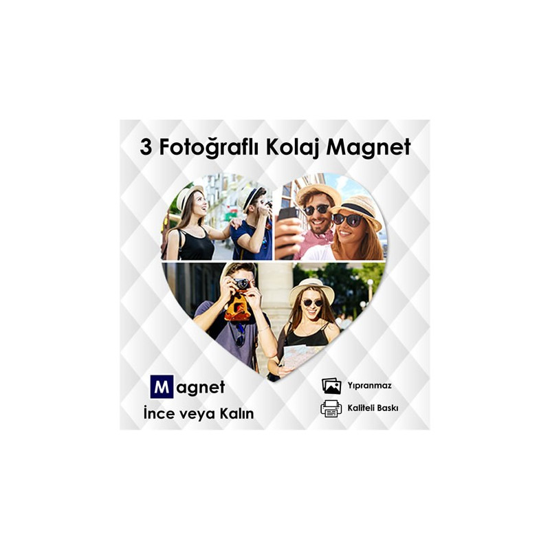 3 Resimli Özel Kesim Kalp Şekilli Kolaj Magnet