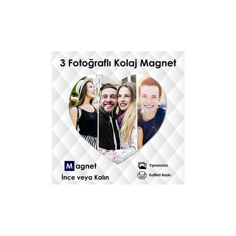 3 Fotoğraflı Kalp Şekilli Özel Kesim Kolaj Magnet