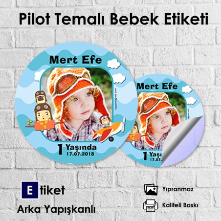 Pilot Temalı  Yuvarlak Bebek Etiketi