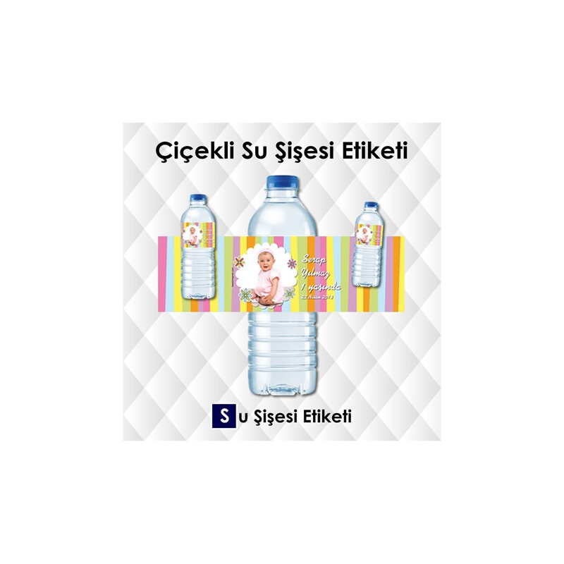 Renkli Çiçekli Su Şişesi Etiketi