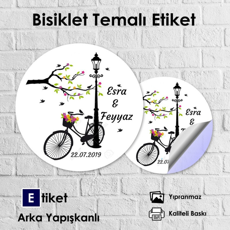 Bisiklet Ve Çiçek Temalı Yuvarlak Etiket