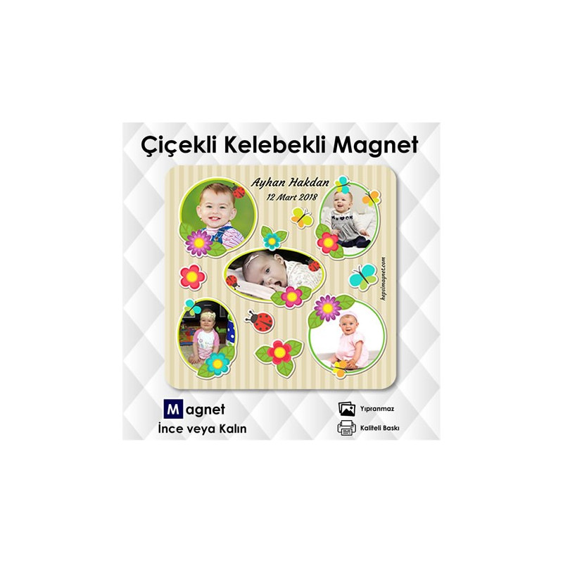 Çiçekli Kelebekli 5 Fotolu Magnet