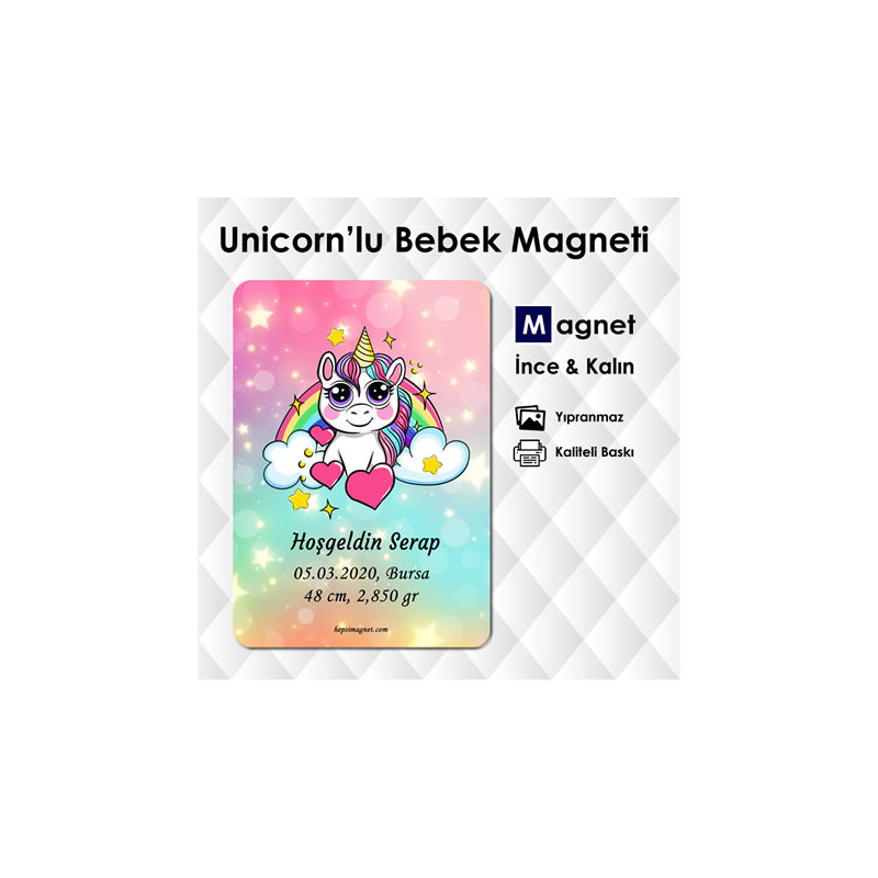 Unicorn Temalı Hoşgeldin Bebek & Doğumgünü Magneti