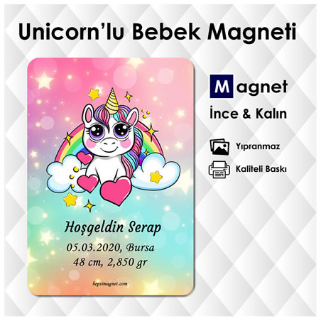 Unicorn Temalı Hoşgeldin Bebek & Doğumgünü Magneti