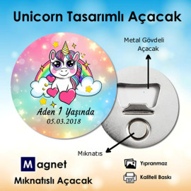 Unicorn Temalı Açacak Magnet. Hoşgeldin Bebeğim & Doğumgünü Magneti