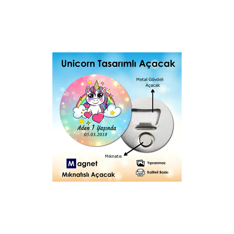 Unicorn Temalı Açacak Magnet. Hoşgeldin Bebeğim & Doğumgünü Magneti