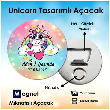 Unicorn Temalı Açacak Magnet. Hoşgeldin Bebeğim & Doğumgünü Magneti