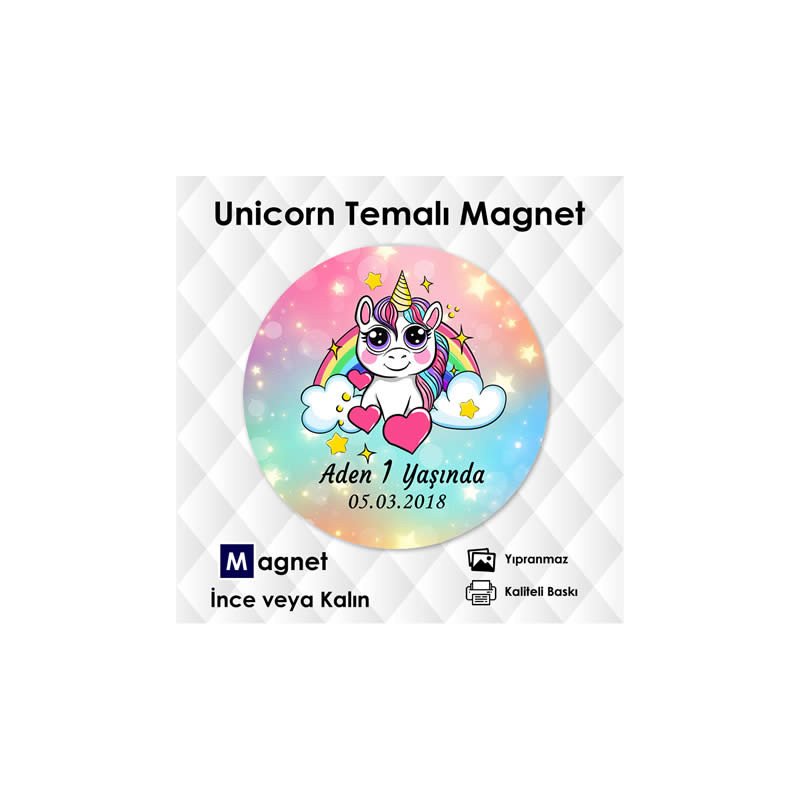 Unicorn Temalı Yuvarlak Magnet. Hoşgeldin Bebeğim & Doğum günü Magneti