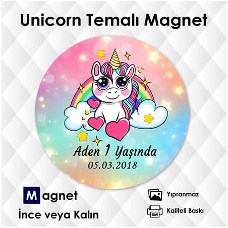 Unicorn Temalı Yuvarlak Magnet. Hoşgeldin Bebeğim & Doğum günü Magneti