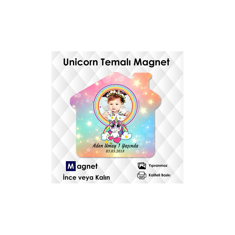 Ev Şekilli Unicorn Temalı Resimli Magnet
