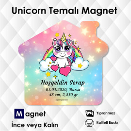 Ev Şekilli Unicorn Temalı Hoşgeldin & Doğumgünü Magneti