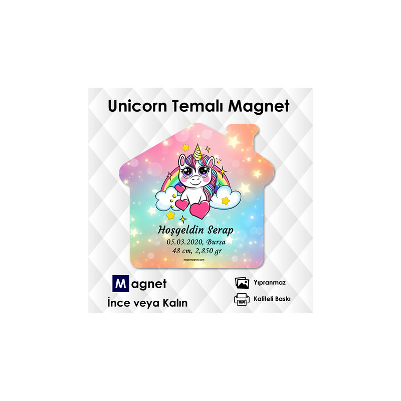 Ev Şekilli Unicorn Temalı Hoşgeldin & Doğumgünü Magneti