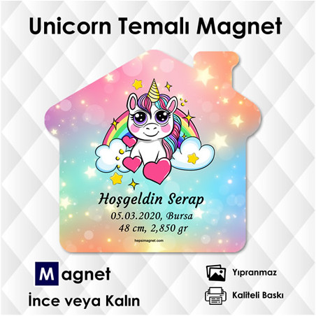 Ev Şekilli Unicorn Temalı Hoşgeldin & Doğumgünü Magneti