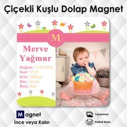 Kız Bebek Kelebekli Çiçekli Doğum Kartı Magneti