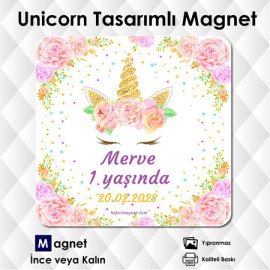 Unicorn Doğum Günü Konsepti Kare Magnet