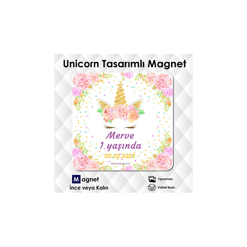 Unicorn Doğum Günü Konsepti Kare Magnet