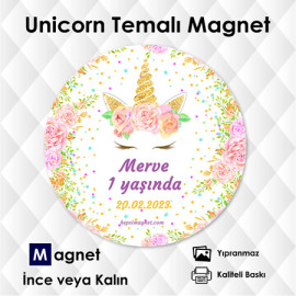 Unicorn Temalı Doğum Günü Yuvarlak Magnet