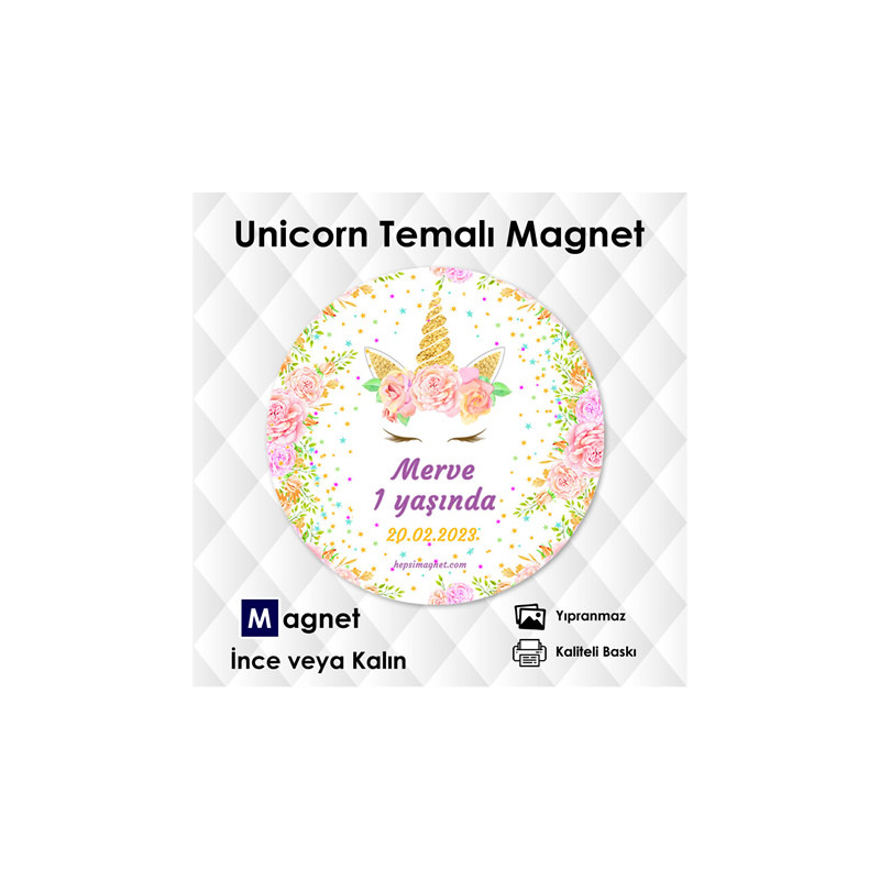 Unicorn Temalı Doğum Günü Yuvarlak Magnet