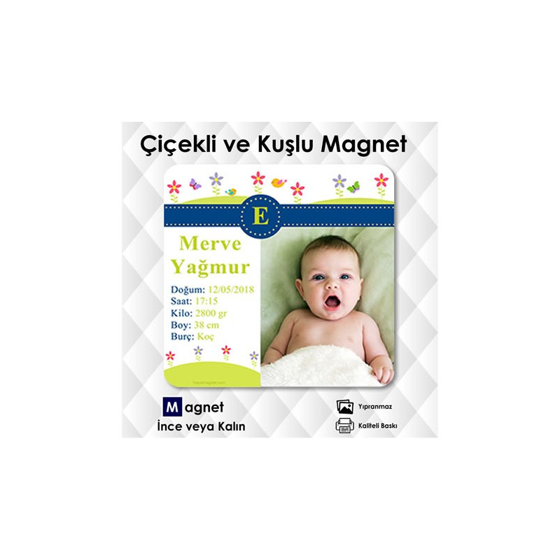 Erkek Bebek Kelebekli Çiçekli Doğum Kartı Magneti