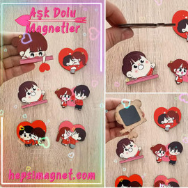 Aşk Dolu Sevimli Çift Magnet Ahşap Obje