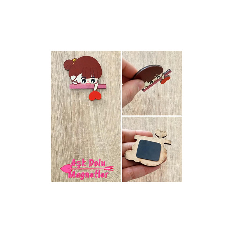 Kız Çocuk Figürlü Aşk Dolu Ahşap Magnet