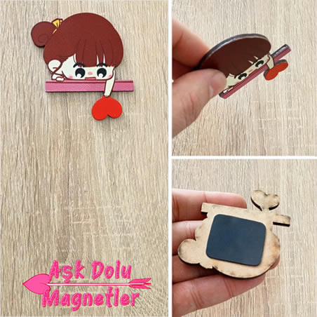 Kız Çocuk Figürlü Aşk Dolu Ahşap Magnet