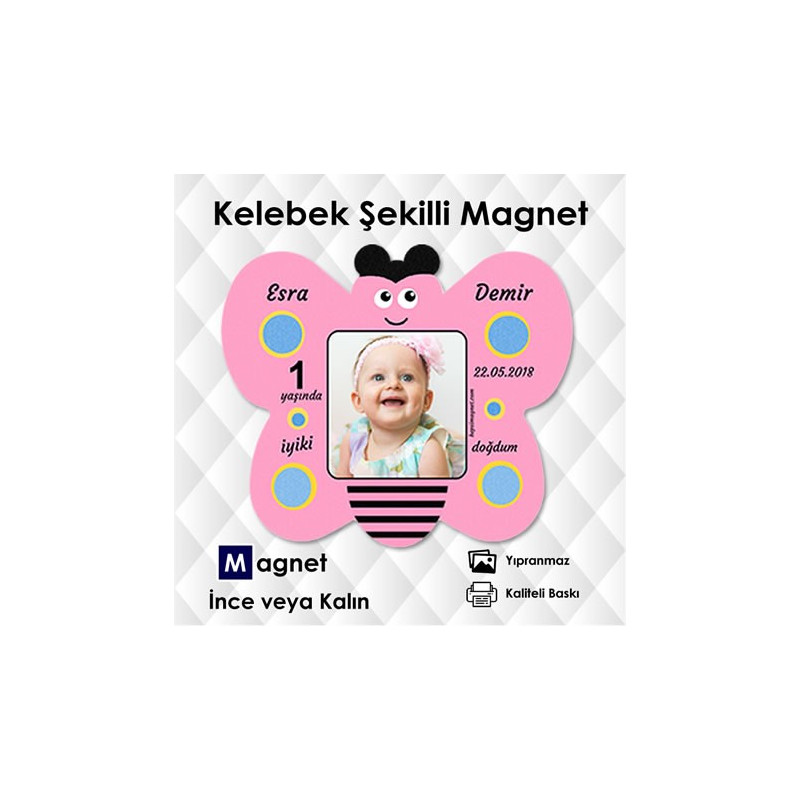 Kız Bebekler İçin Pembe Tonlarda Kelebek Şeklinde Magnet