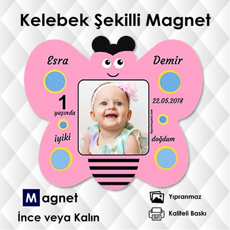 Kız Bebekler İçin Pembe Tonlarda Kelebek Şeklinde Magnet