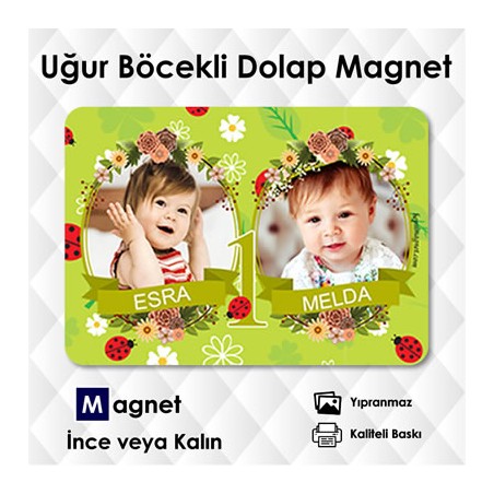 Çiçekli Uğur Böcekli İkiz Bebek Magnetleri