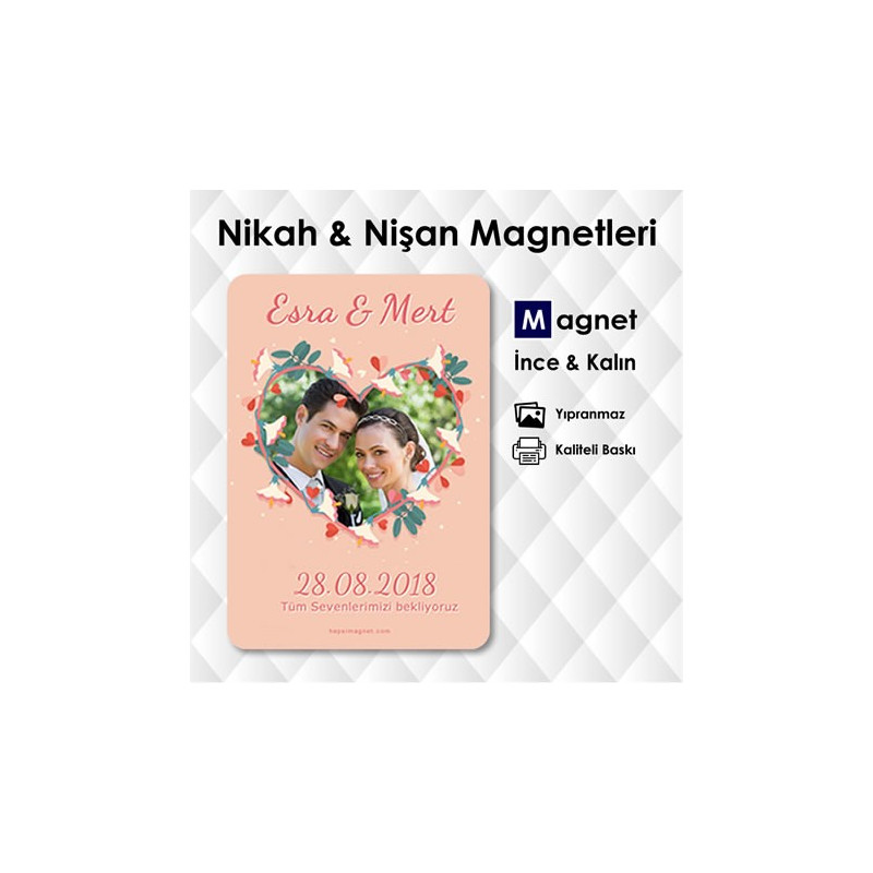 Çiçek Kalp Çerçeveli Resimli Nikah Magneti