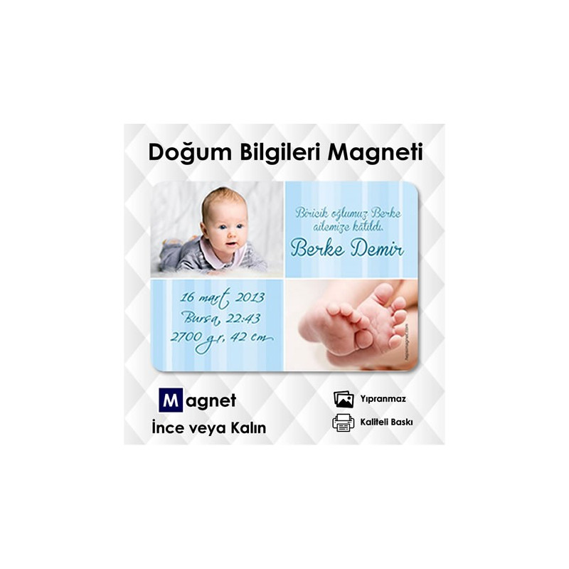 Erkek Bebek Mavili Doğum Kartı Magneti